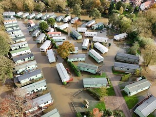 aerial view of extreme flooding Stamford Bridge holiday caravan park flooded from the River Derwent...
