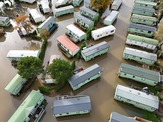 aerial view of extreme flooding Stamford Bridge holiday caravan park flooded from the River Derwent...