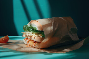Sandwich with vegetables on the bag brown paper, concept of cuisine