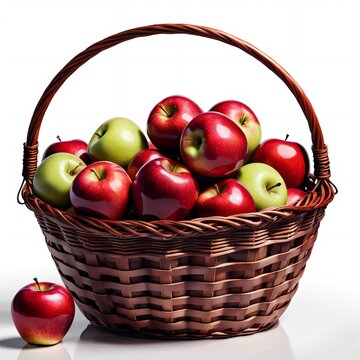 Um cesto com maçãs vermelhas e maçãs verdes suculentas, isolado no fundo branco. 