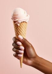 Woman's hand holding an ice cream on light pink background flat lay. AI generative.