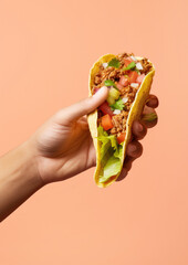 Man's hands holding a Mexican taco on salmon color background flat lay. AI generative.