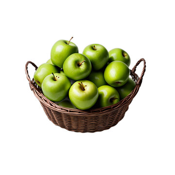 Um cesto redondo com maçãs verdes isolado, flutuando no fundo transparente, sem fundo, png.