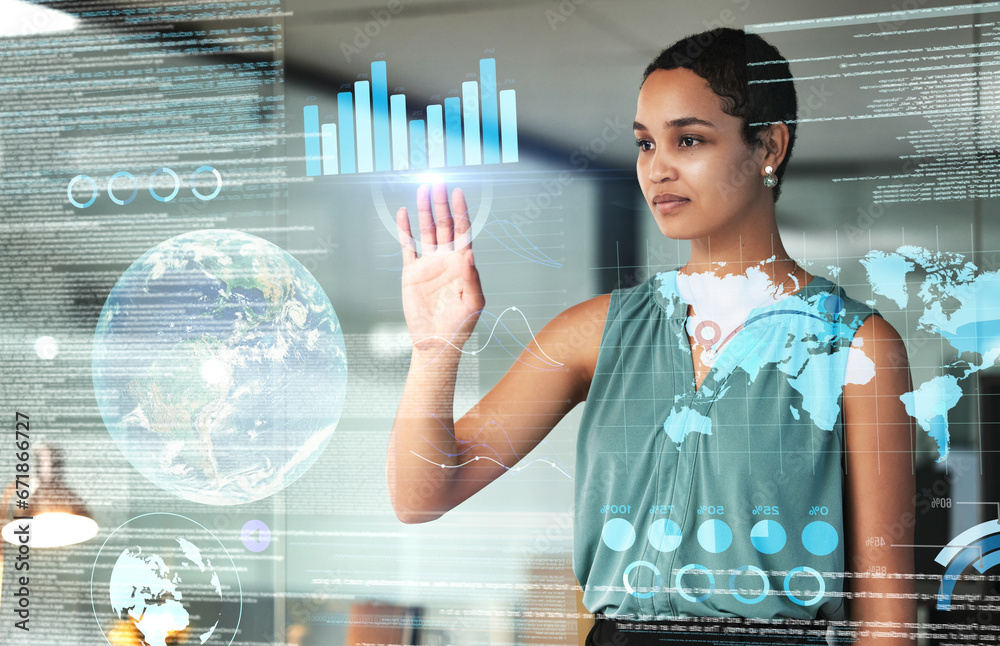 Poster Globe, finance and overlay with a business black woman using an ai or ux interface to access the metaverse of data. Digital, future and information with a female employee working on a 3d hologram