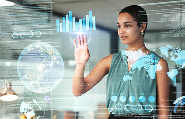 Globe, finance and overlay with a business black woman using an ai or ux interface to access the metaverse of data. Digital, future and information with a female employee working on a 3d hologram