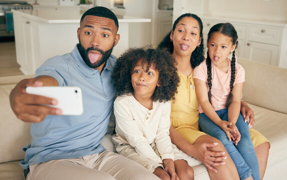 Funny face, family and selfie in home living room, bonding together and relax. Smile, profile picture and children with mother and father taking photo for happy memory on social media, love and care