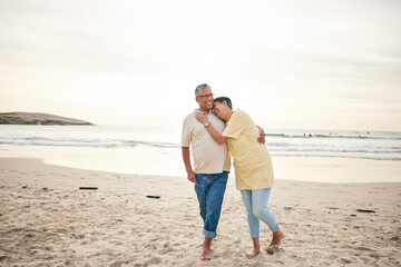 Senior couple hug, laughing and beach, ocean and travel with bonding and love, trust and marriage outdoor. Adventure, holiday and happiness, man and woman with comedy and life partner in nature - obrazy, fototapety, plakaty