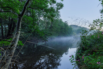 Fototapeta premium 2023-09-16, GER, Bayern: Flusslandschaft an der oberen Ilz in Niederbayern bei Haus im Wald / Ettlmühle.