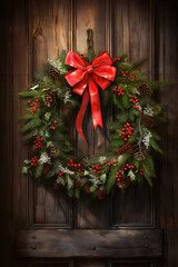 Fototapeta na wymiar Christmas Wreath Hanging On A Rustic Wooden Door