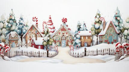 Christmas village in snow, candy and gingerbread houses.