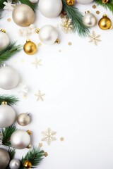 Christmas and New Year colorful balls and stars lying on white flat lay background.