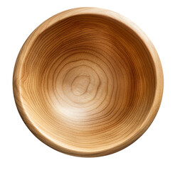 A close-up view of an empty round wooden bowl isolated on transparent or white background, png