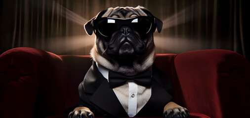 pug movie star in the cinema at the premiere of the film
