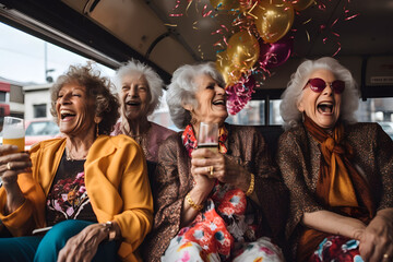 Group of grandmothers sitting on the bus smiling and celebrating,ballons in background,happiness - obrazy, fototapety, plakaty