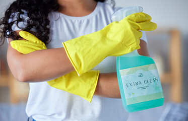 Hands, latex gloves and detergent for housekeeping, cleaning or disinfection safety from bacteria...