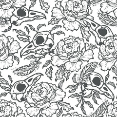 Vector Seamless Pattern with Raven Bird Skulls, Rose Flowers, Leaves and Feathers. The Day of the Dead, Halloween or Gothic and Mystic Design. Black and white background