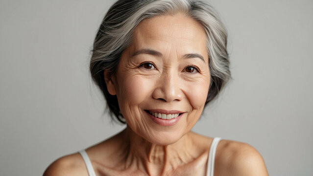 Japanese adult woman with smooth healthy face skin. Beautiful aging mature asian woman with long gray hair and happy smiling touch face. Beauty and cosmetics skincare advertising concept