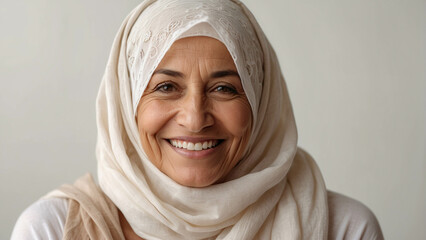 Close-up of a beautiful middle-aged Muslim woman with hijab  hijab. Smiling arab lady, beauty, smooth skin.
