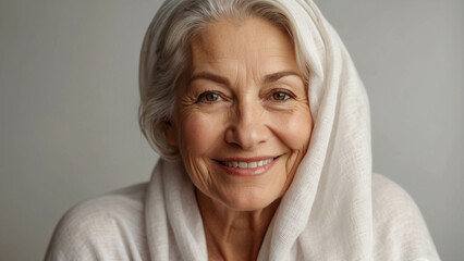 Close-up of a beautiful middle-aged Muslim woman in beige hijab. Smiling arab lady, beauty, smooth skin.