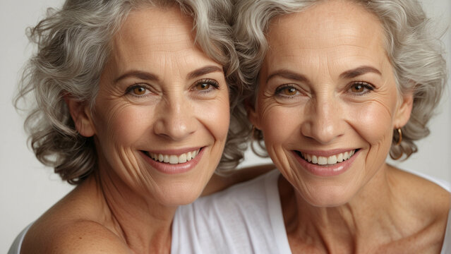 two natural caucasian adult women with smooth healthy facial skin. Beautiful mature women with gray hair and happy smiling face. Beauty and skin care cosmetics advertising concept.