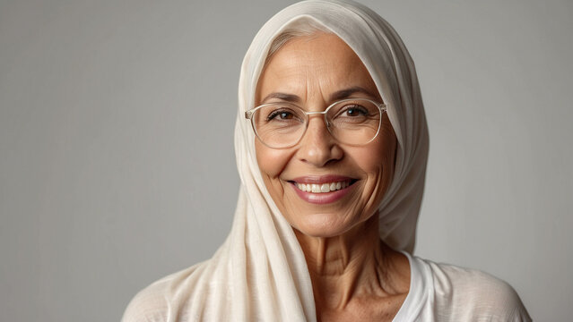 Face of mature muslim woman with smooth healthy skin for advertising design. Beautiful aged young woman, beauty, health, skin care and cosmetics, business advertisement