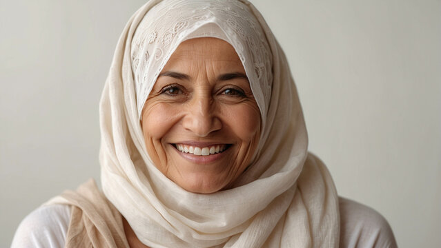 Close-up of a beautiful middle-aged Muslim woman with hijab  hijab. Smiling arab lady, beauty, smooth skin.