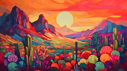Fototapeten An oil painting depicting a cactus in the desert Ai generated art © Biplob