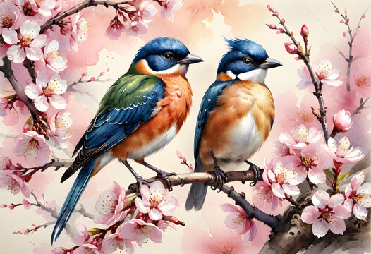 vintage chinese watercolor painting of exotic bird on cherry blossom branch. generative ai