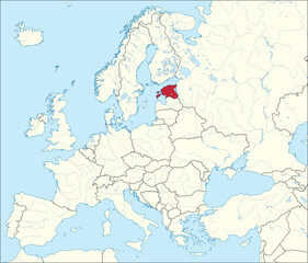 Red CMYK national map of ESTONIA inside detailed beige blank political map of European continent with rivers and lakes on blue background using Mercator projection
