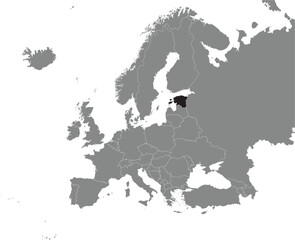 Black CMYK national map of ESTONIA inside detailed gray blank political map of European continent on transparent background using Mercator projection