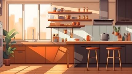 Minimalist kitchen background with cartoon and anime illustration style