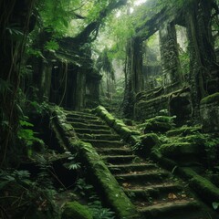 Ancient ruins staircase dense overgrown cities photography image AI generated art