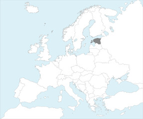Gray CMYK national map of ESTONIA inside detailed white blank political map of European continent on blue background using Mollweide projection