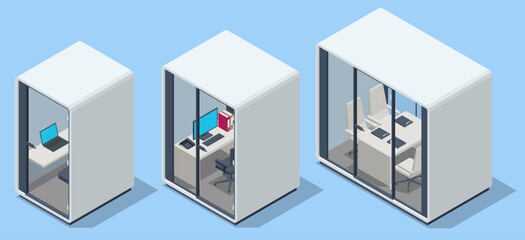 Isometric Capsule Office Pod. Movable Portable Meeting Soundproof Booth Acoustic Private Office Meeting Pod Phone Booth Office Working Studio Sound Booth.