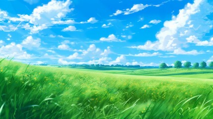 Fototapeta na wymiar Anime style field clear sky sunny landscape green background wallpaper image AI generated art