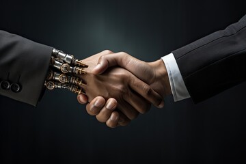 Artificial Intelligence and Neural Network, enhanced human shaking hands with human
