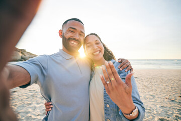 Beach, selfie and couple with engagement ring, happy portrait and celebration of love for social...