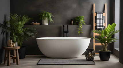 Fototapeta premium Modern Bathroom Design with Freestanding Bathtub and Black Fixtures