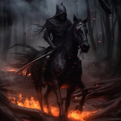 Art slayer man who battle horse anime black background AI generated art - obrazy, fototapety, plakaty