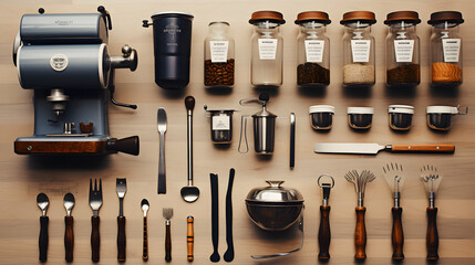 Barista's Coffee Tools Knolled on Cafe Counter - obrazy, fototapety, plakaty