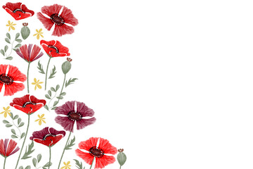 red poppies border Memorial Day background vector hand drawn. 