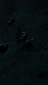 Passing Asteroid Field in Dark Outer Space and Cosmic Cloud Roll Tracking Shot