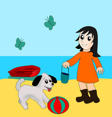 A little girl and a dog playing with a beach ball at the beach
