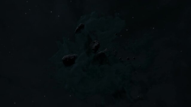 Passing Asteroid Field in Dark Outer Space with Cosmic Cloud Roll Tracking Shot