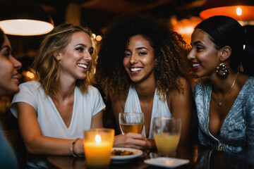 group of young ladies laughing, drinking having fun in the bar