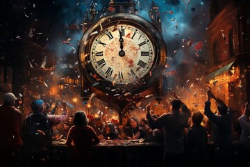 Countdown to the New Year 2024, A Surreal Midnight Party with an Enormous Clock, Sparkling Lights, and a Roaring Countdown to Midnight - obrazy, fototapety, plakaty