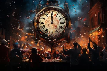 Fotobehang Countdown to the New Year 2024, A Surreal Midnight Party with an Enormous Clock, Sparkling Lights, and a Roaring Countdown to Midnight © Simn