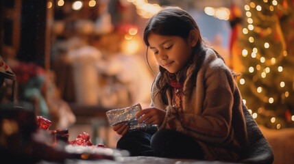 Little latin girl looking at her Christmas gifts on her Christmas tree with family, holidays concept