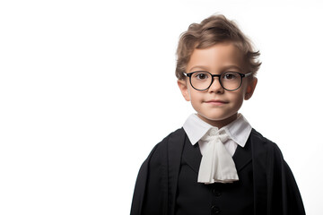 Close-up portrait of boy dressed up as a lawyer. cut out white background