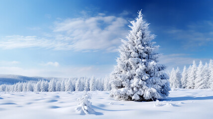 A peaceful snowy scene with a few pine trees standing tall against a crisp blue sky - Christmas concept - Generative AI